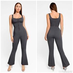 Popilush The Shapewear Jumpsuit Denim Square Neck Tank Top Flare